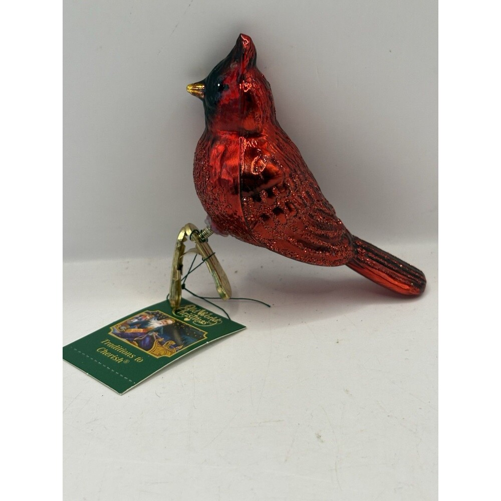 Old World Christmas Shiny Red Northern Cardinal Bird Clip-On Glass Ornament New